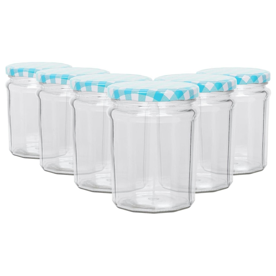 image 1 of Argon Tableware Glass Jam Jars with Blue Gingham Lids - 380ml - Pack of 6