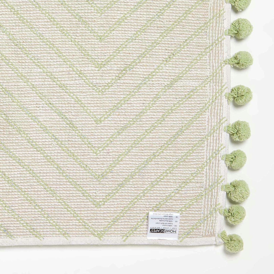image 1 of Homescapes Sage Green Cotton Bath Mat Tufted Zig Zag with Pom Pom Edges - 50 x 80 cm Green