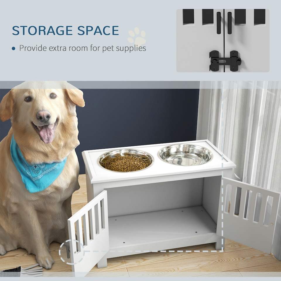 image 1 of PawHut Raised Dog Bowls for Large Dogs Feeding Station w/ Stand, Storage - White