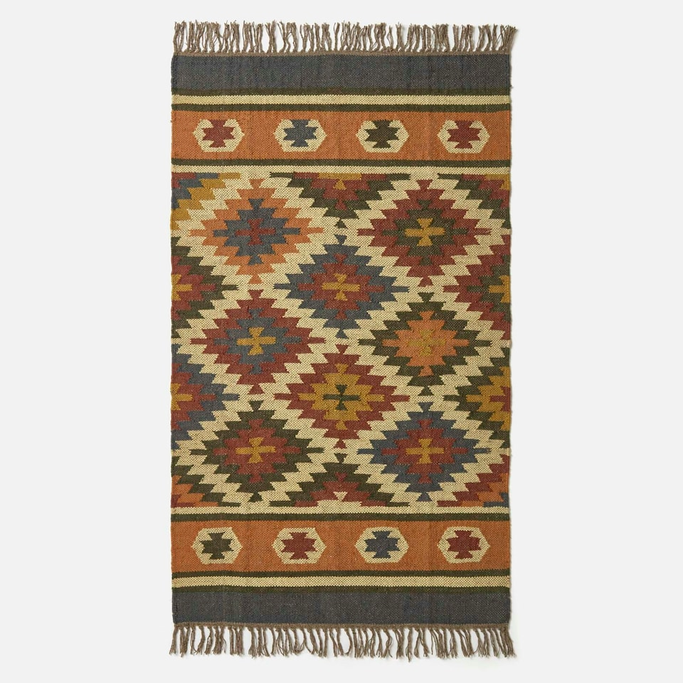 image 1 of Homescapes Lucea Orange and Blue Kilim Wool Rug - 240 x 300 cm | Orange | 240 x 300 cm