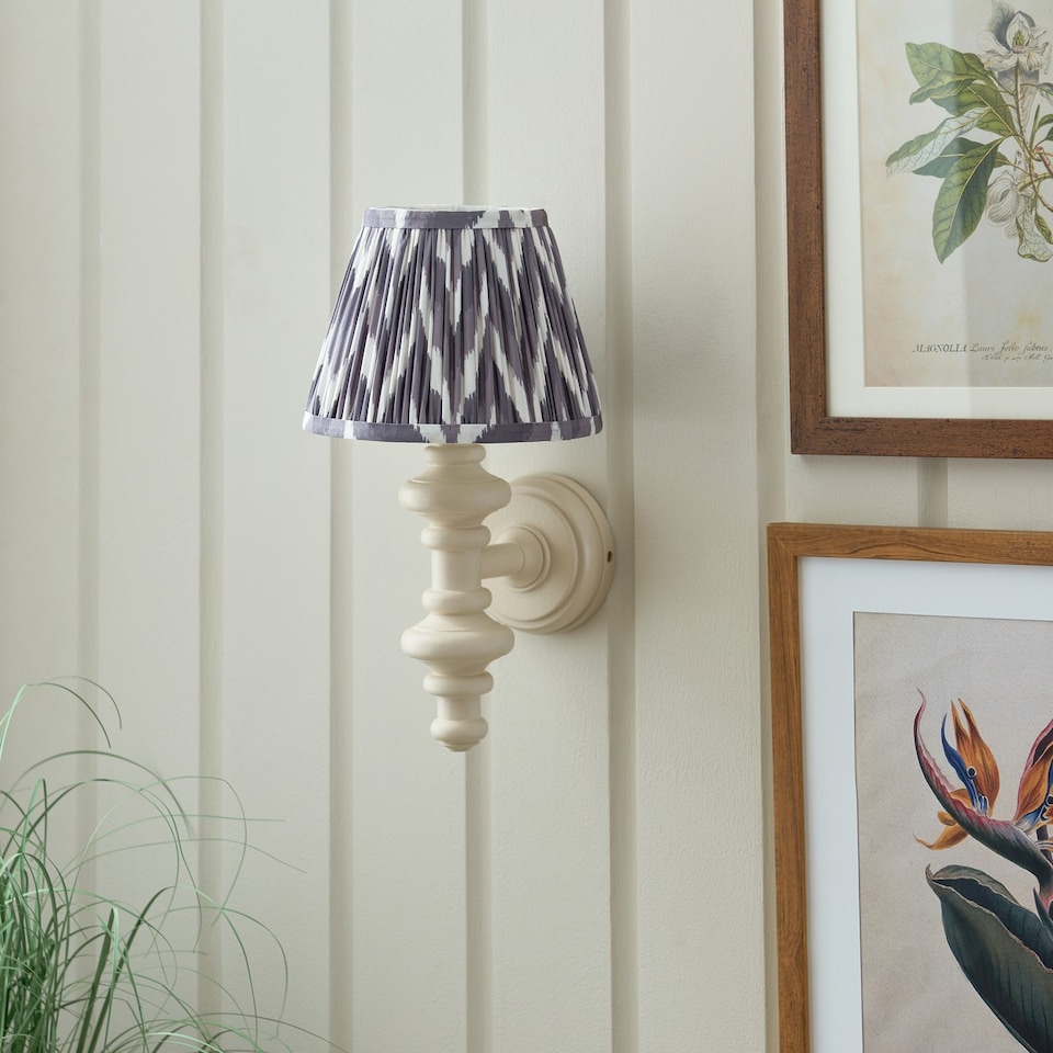 image 1 of Carnaby Satin Almond White Paint Wall Light with Pearl Grey Fabric Zigzag Shade 20cm B22