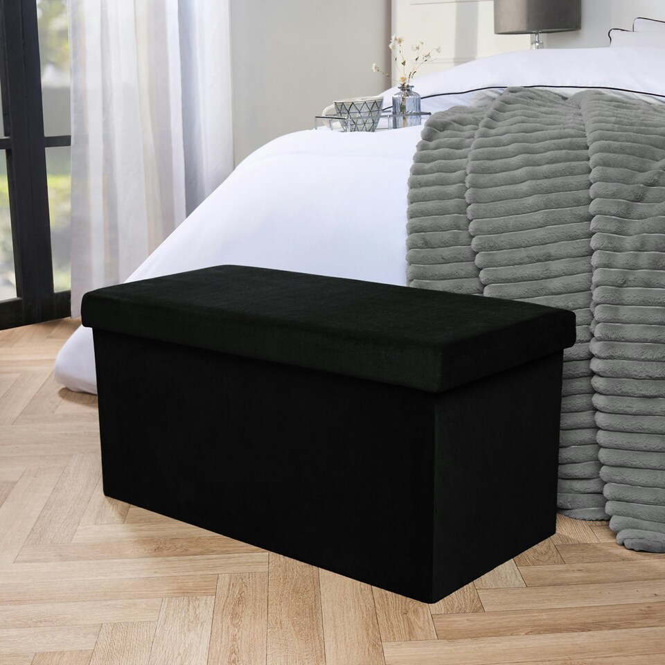 image 1 of OHS Matte Velvet Soft Long Rectangle Foldable Footstool Seat Storage Organiser Ottoman Pink | Bright Pink
