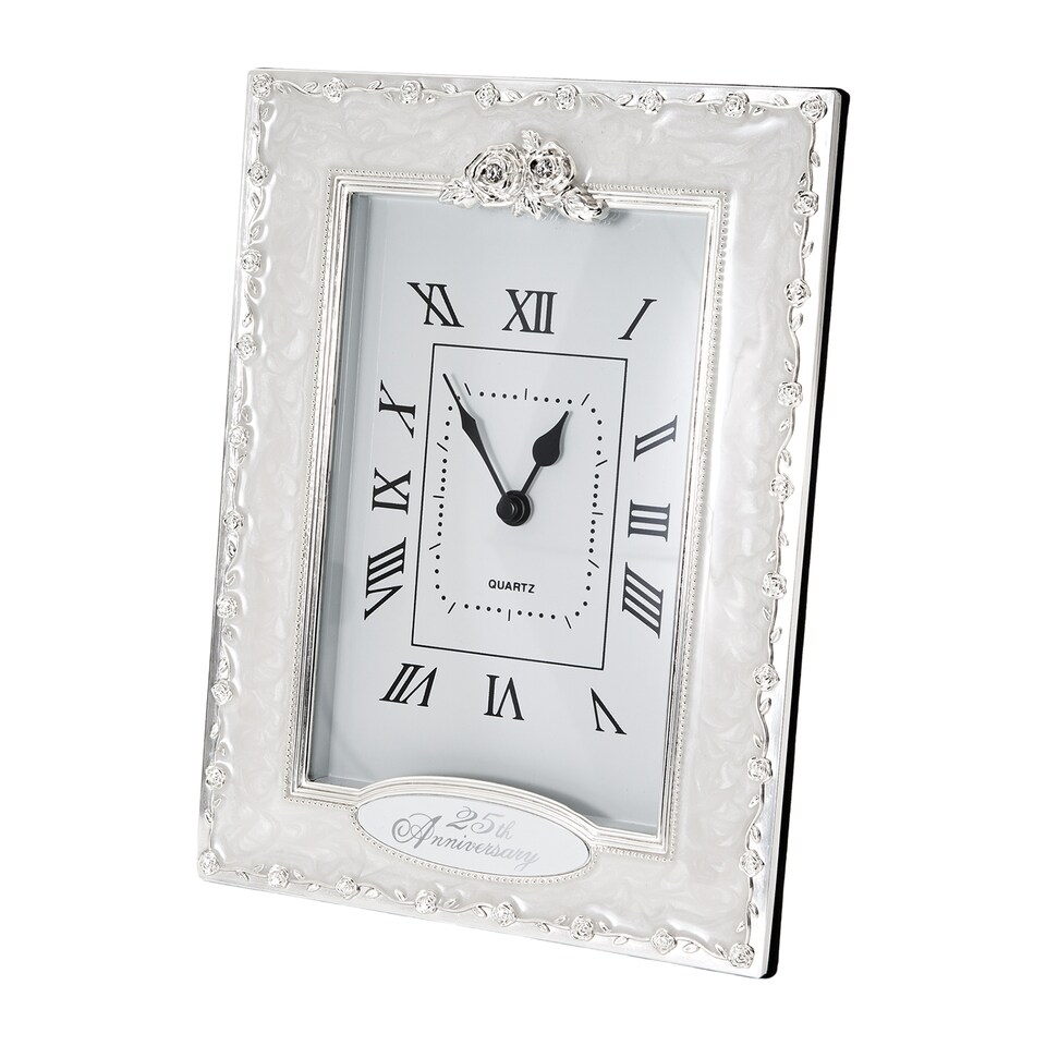 image 1 of 25th Anniversary Clock in White Epoxy with Silver Plated Roses and Diamantes
