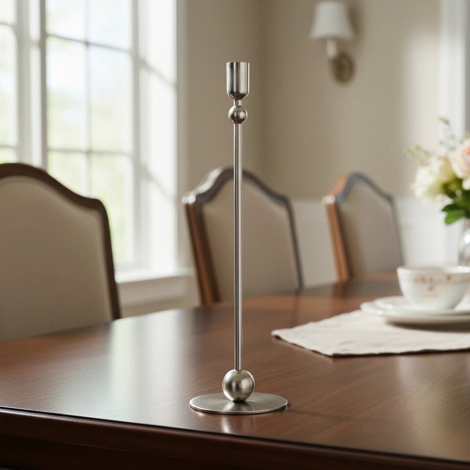 image 1 of 33cm Tall Metal Iron Taper Candle Stick Holder Dinner Table Wedding Party Decor | Silver | 2 x Silver