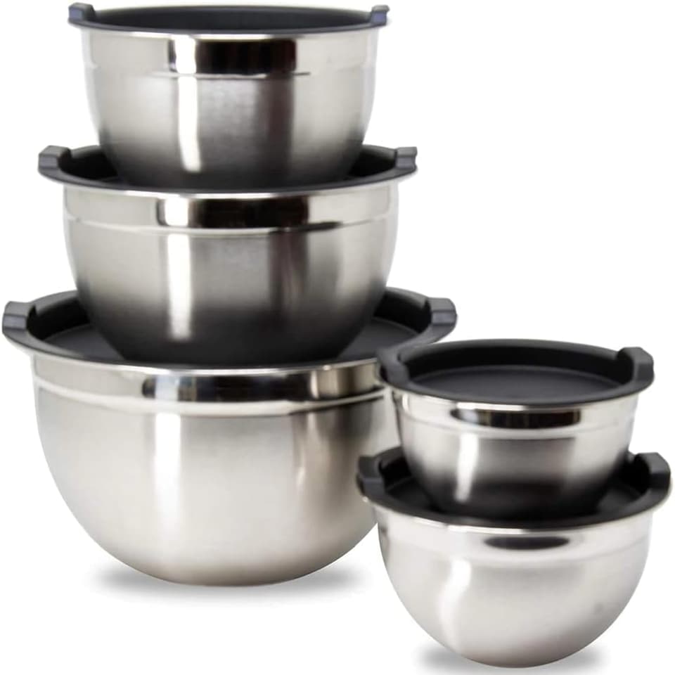 image 1 of Mixing Bowl Set of 5, Stainless Steel Nesting Bowls for Meal Preparation Kitchen Baking Air Tight Black lids