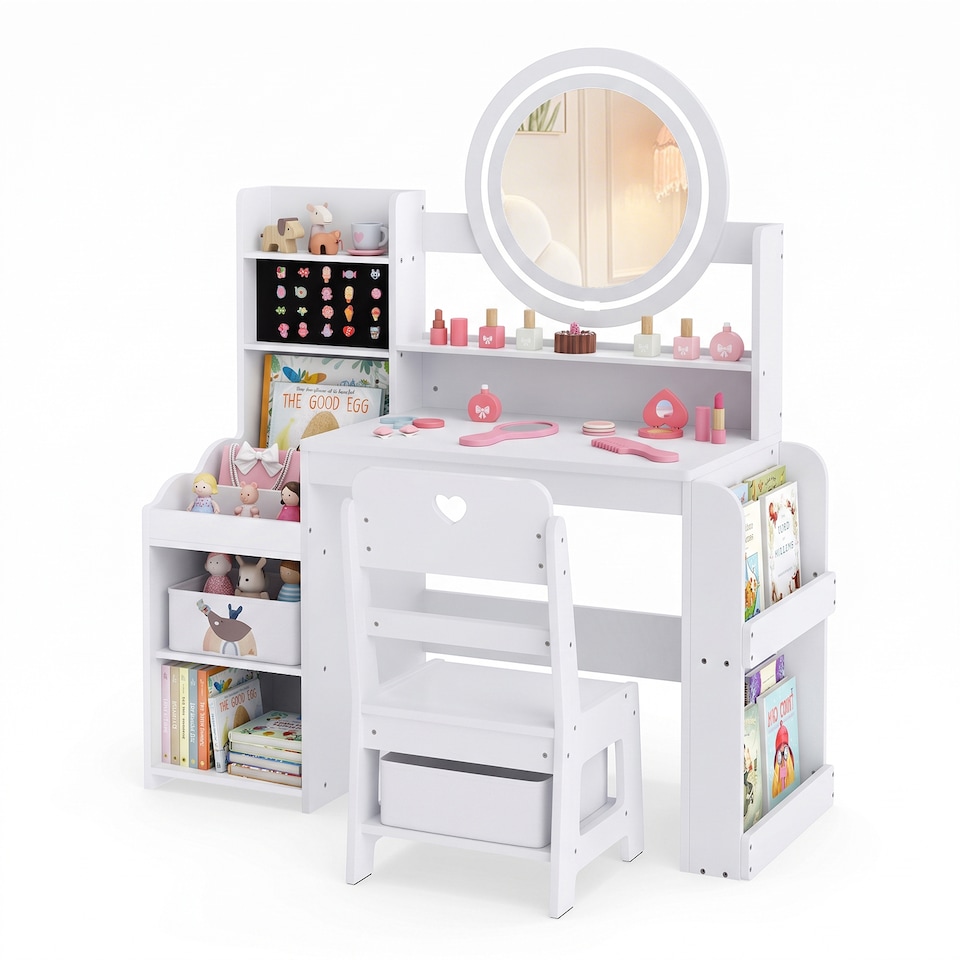 image 1 of Costway Princess Pretend Play Dressing Table and Chair Set with Open Storage Shelves Rings Slots and Fabric Drawer