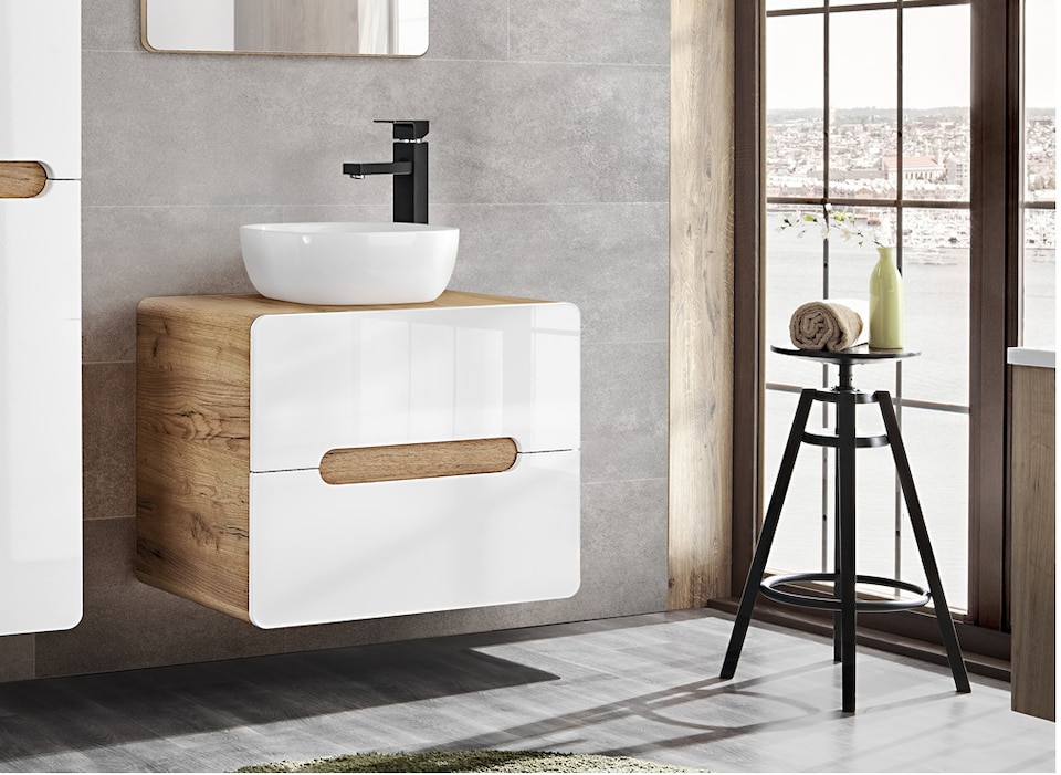 image 1 of 600mm Vanity Unit for Countertop Sink Wall Bathroom Cabinet with Drawers Handleless White Gloss Oak Arub
