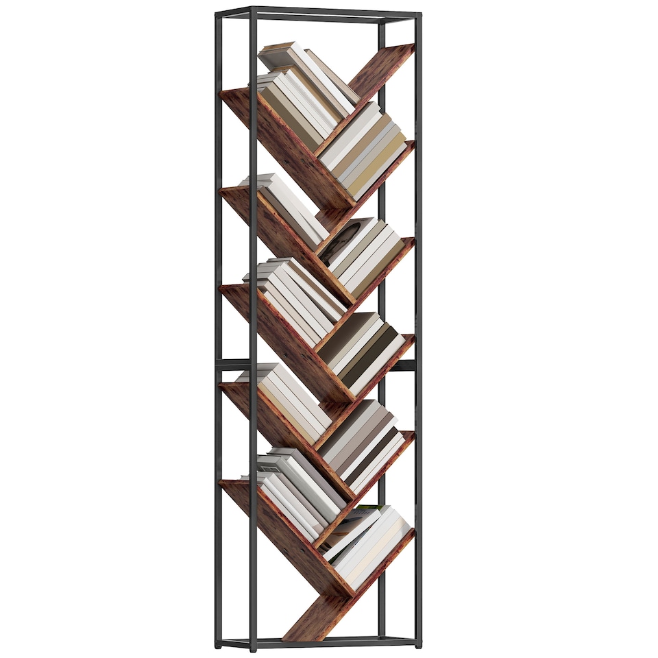 image 1 of HOMCOM Tree Bookshelf, 10 Tier Floor Standing Bookcase, Industrial Tall Display Storage Shelving Unit for Living Room, Home Office, Bedroom, Rustic Brown and Black | Black | Rustic Brown and Black