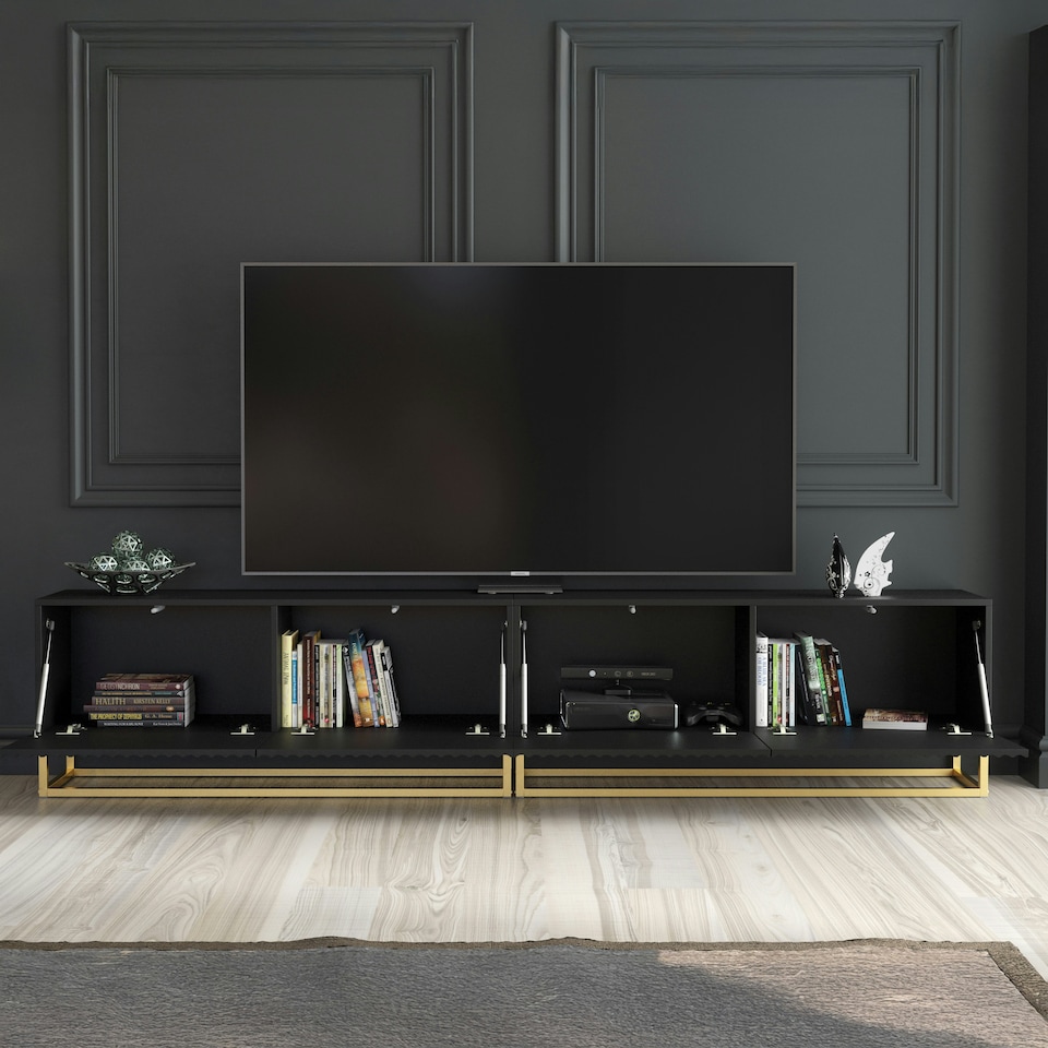 image 1 of Modular TV Unit 200cm Black Matt with Fluted Fronts and Gold Base Black