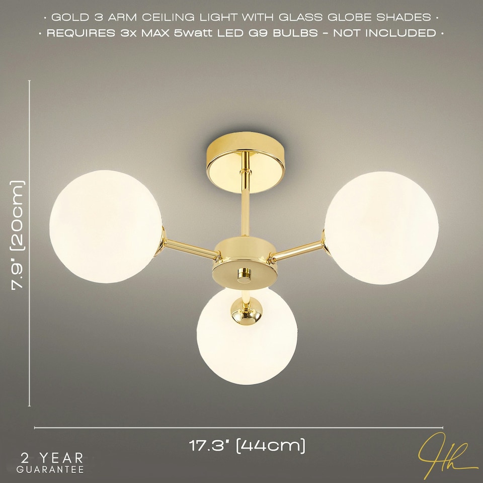 image 1 of Contemporary Chic Polished Gold Ceiling Light with Opal White Globe Glass Shades | Gold | Gold | 1