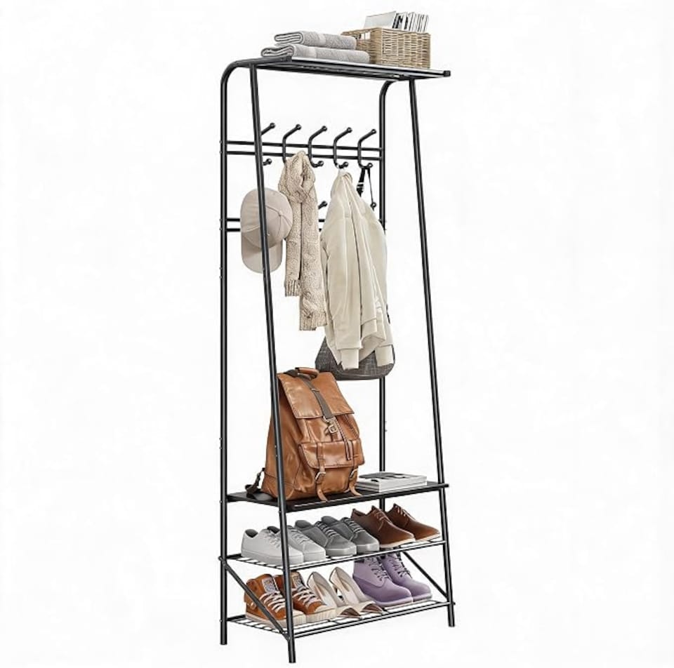image 1 of London Boutique 4-in-1 Hall Tree with Bench and Shoe Rack, Double Coat Hooks, 60cm