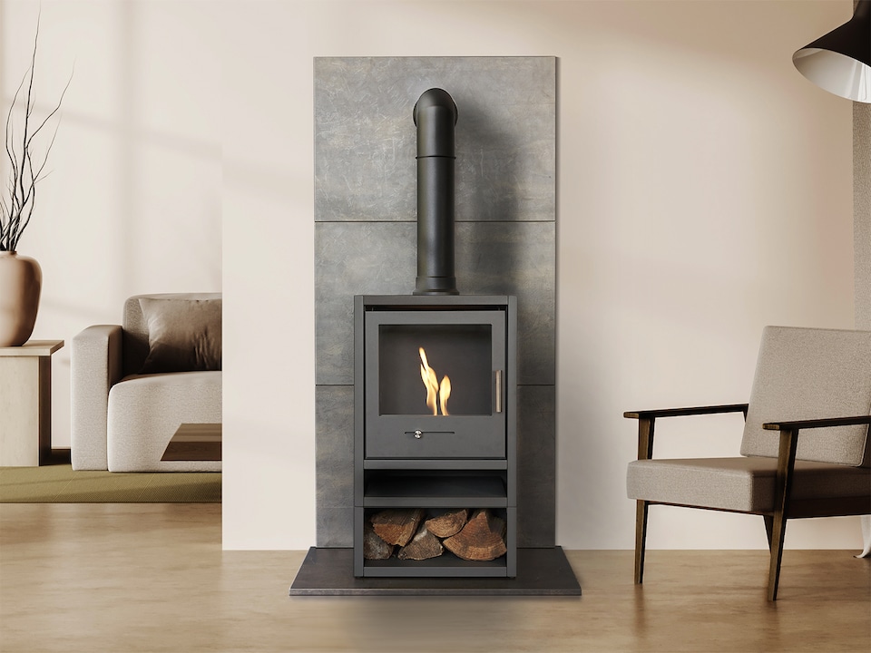 image 1 of OKO S1 Bio Ethanol Stove with Log Storage in Charcoal Grey & Tall Angled Stove Pipe