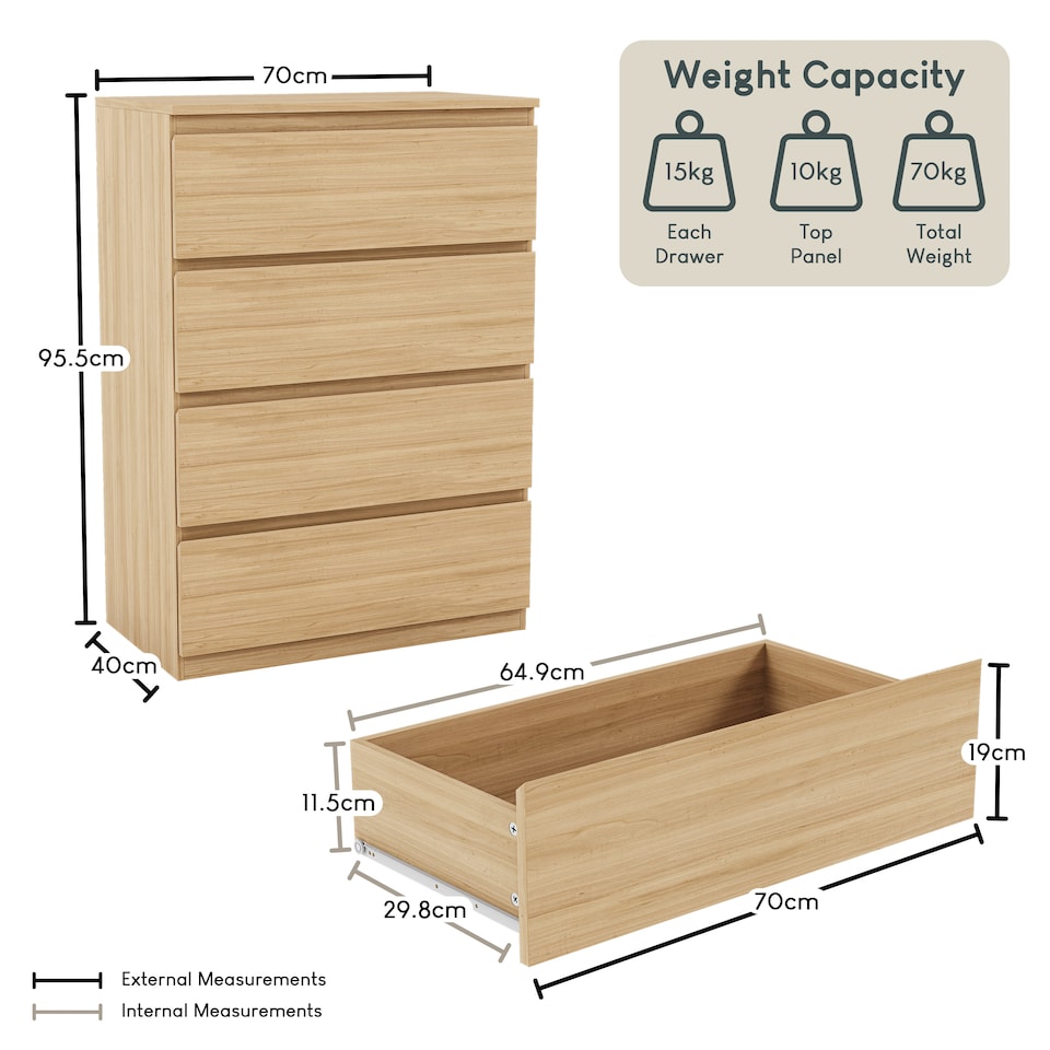 image 1 of Vida Designs Denver 4 Drawer Chest of Drawers Bedroom Storage, Pine