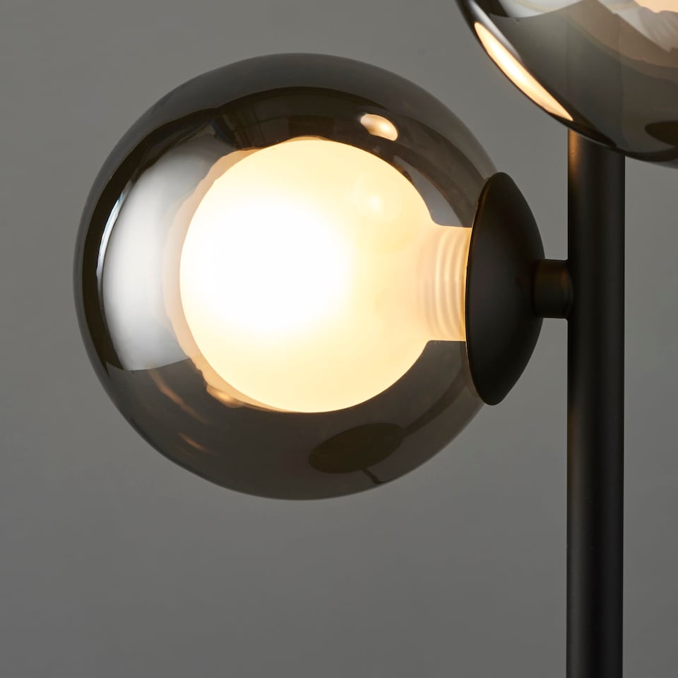 image 1 of Set of 2 Cole - Black with Smoke Glass Globes 3 Light Table Lamps
