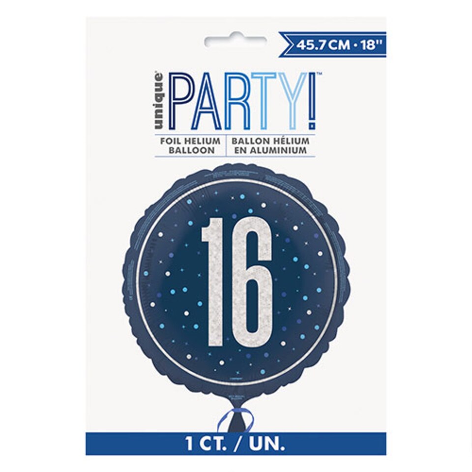 image 1 of Navy Blue Age 16 Holographic Round Foil Helium Balloon 46cm / 18 in | Blue