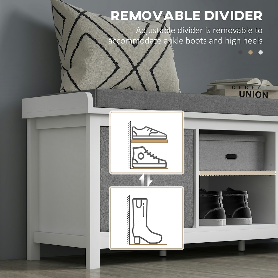 image 1 of HOMCOM Shoe Bench with Cushioned Seat Fabric Drawers for Entryway Hallway White White