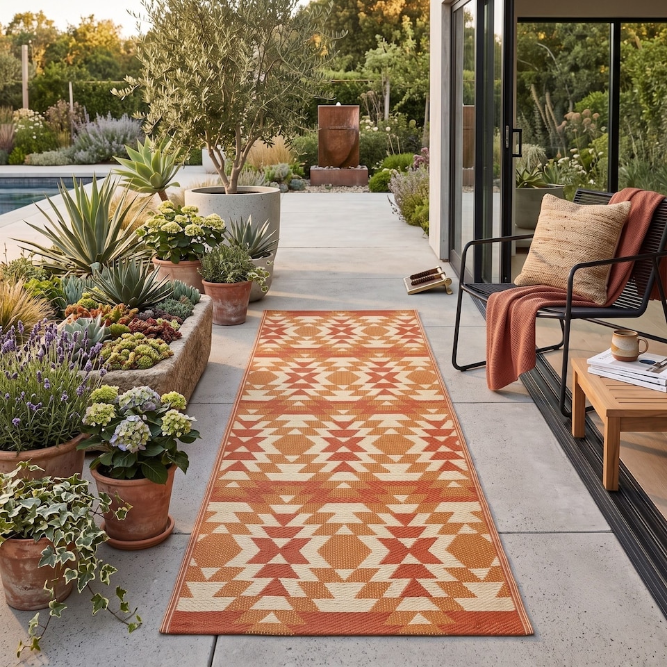 image 1 of Homescapes Outdoor Rug Runner Luxury Waterproof Reversible, 75 x 200 cm, Orange, Anya Aztec | Orange | Orange and White
