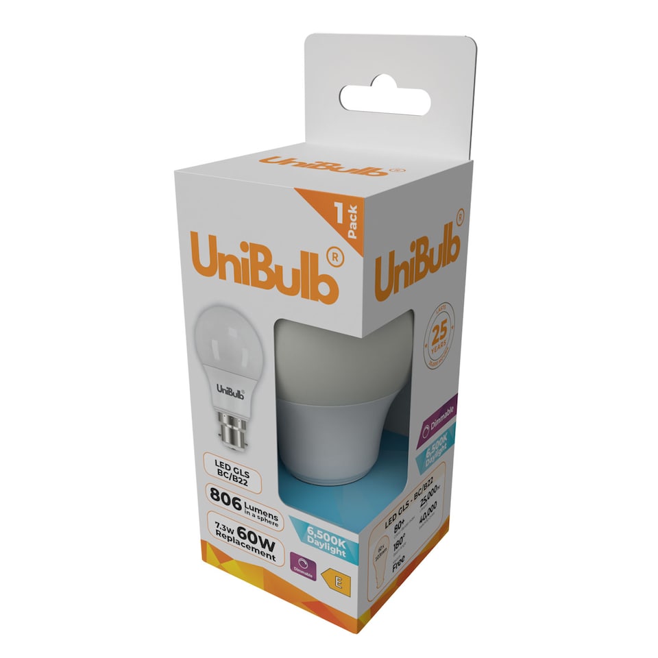 image 1 of UniBulb LED GLS B22 806lm 7.3W 6500K (Daylight) Dimmable Light Bulb - Pack of 1