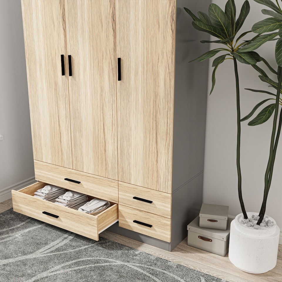 image 1 of 3 Door 4 Drawer Wardrobe With Hanging Rail And Storage Shelf | Grey | Grey Carcass & Oak Door | 1