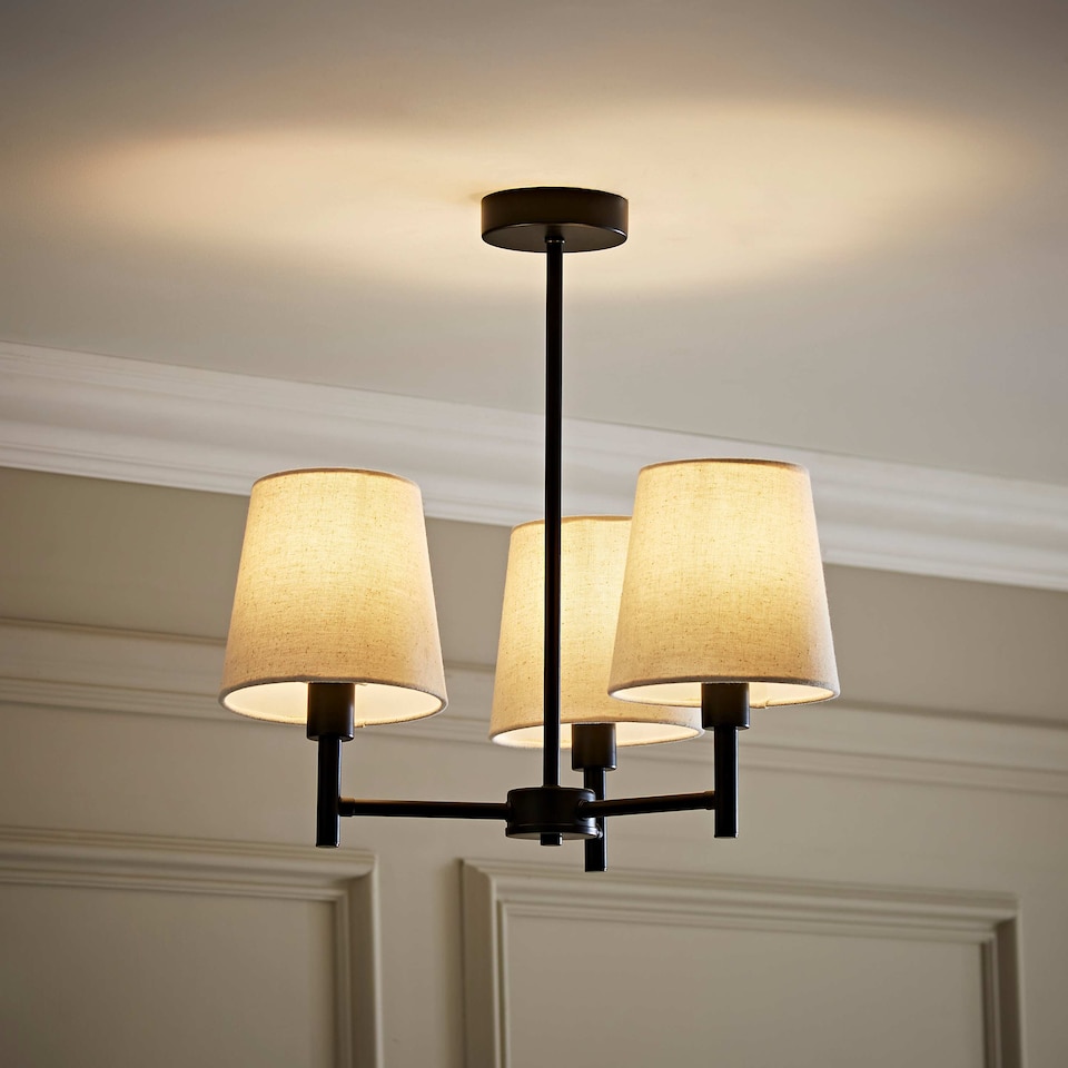 image 1 of ValueLights Kincaid 3 Arm Black Chandelier Ceiling Light Taper Shades and Bulbs
