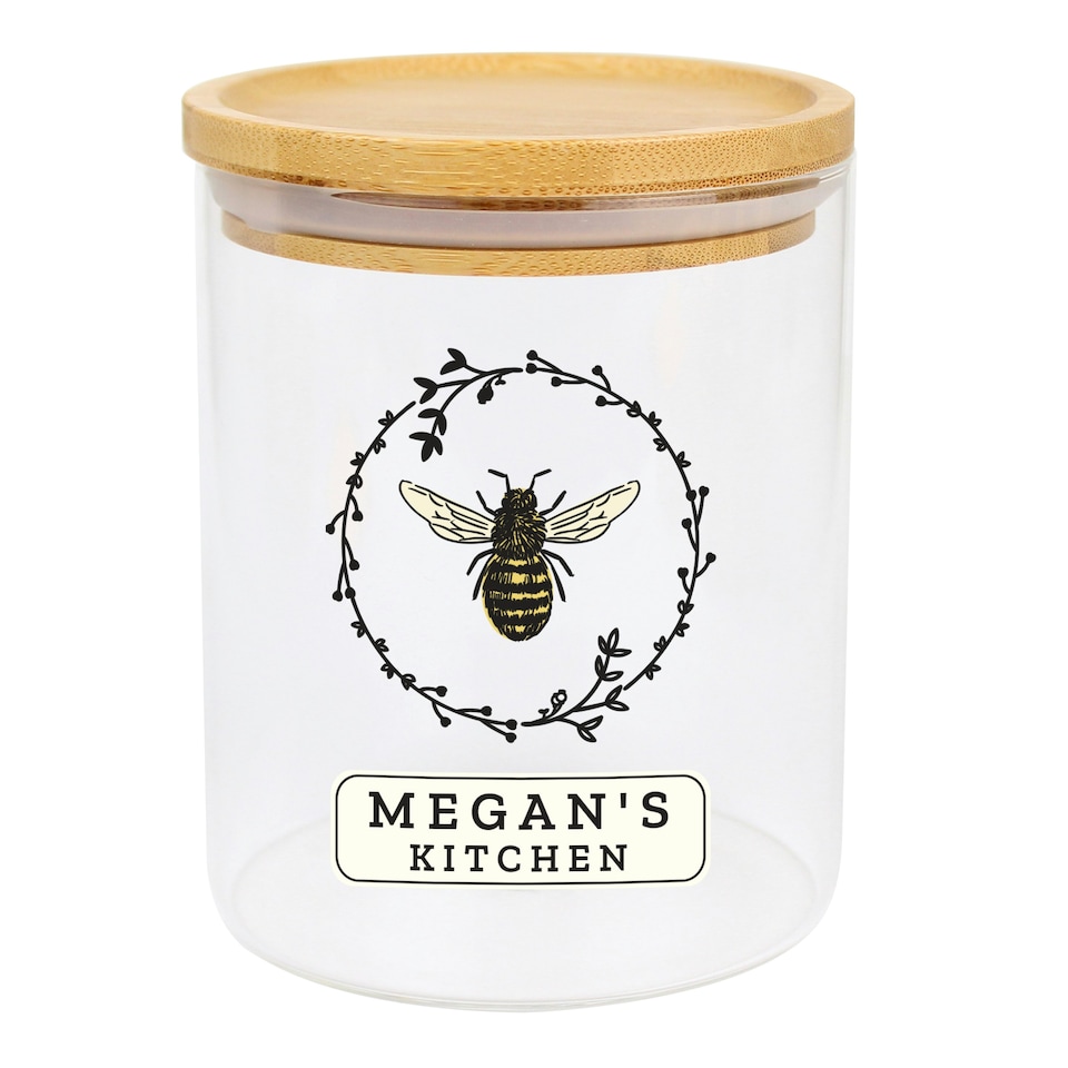 image 1 of Personalised Bee Glass Jar with Bamboo Lid