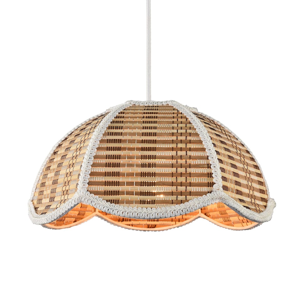 image 1 of Vintage Victorian Rattan Pendant Shade with White Embroidered Trim | Brown | Brown | 1