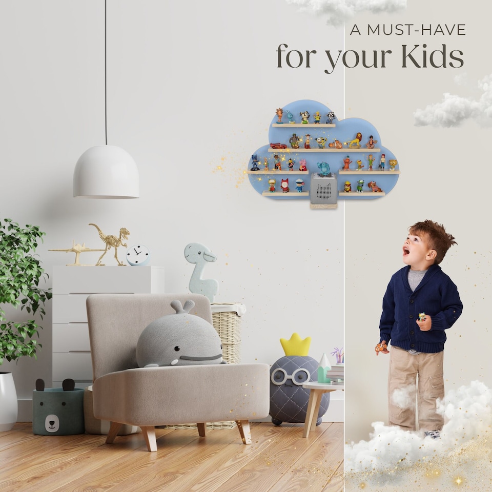 image 1 of Wall Shelf Cloud - child-friendly cloud design, fits 28 figurines, magnetic strips, with integrated cable management