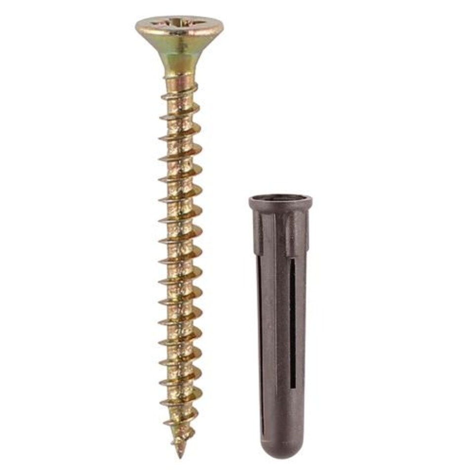 image 1 of Timco - Brown Plastic Plugs with Screws (Size 35mm Brown Plug, 5.0x50 Screw - 125 Pieces)
