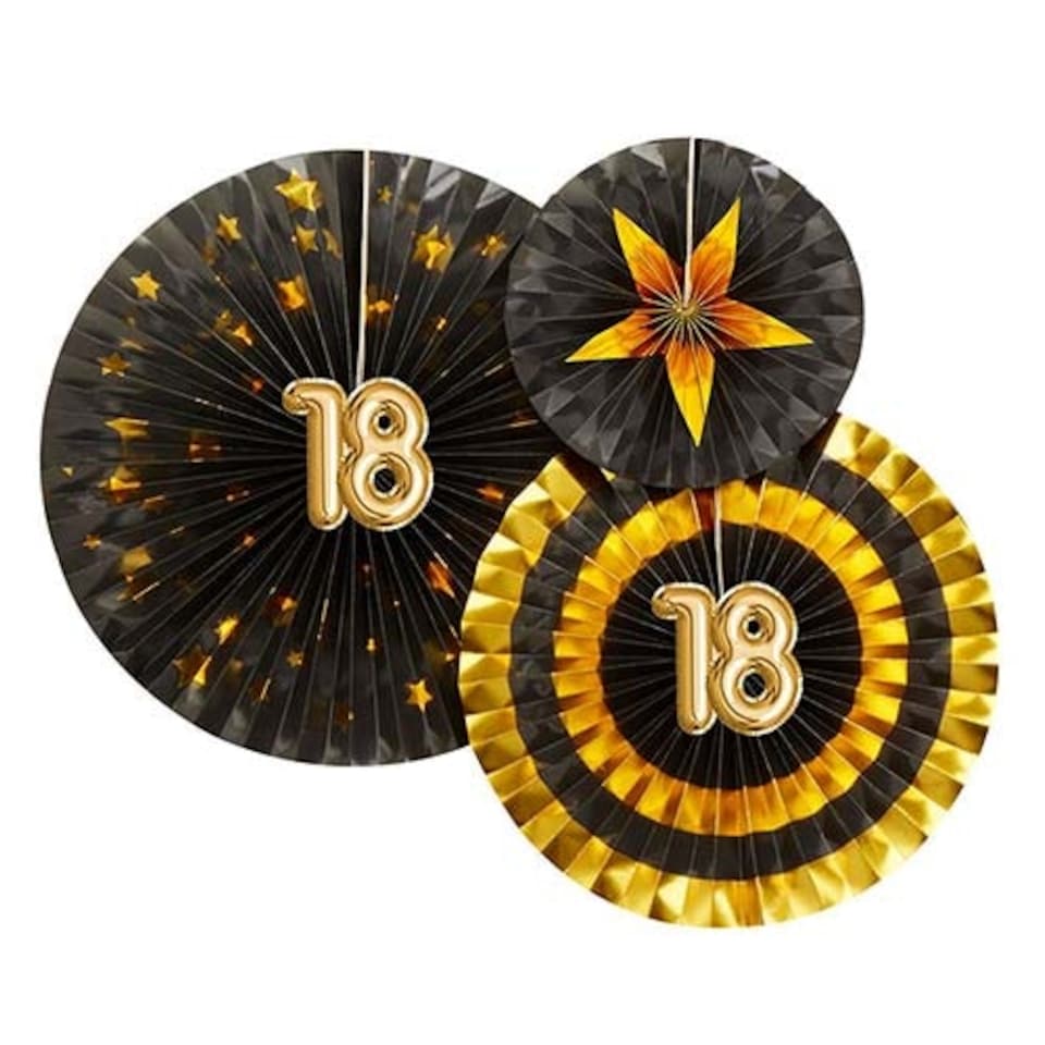 Age 18 Black & Gold Pinwheel Fan Hanging Decorations - Pack of 3