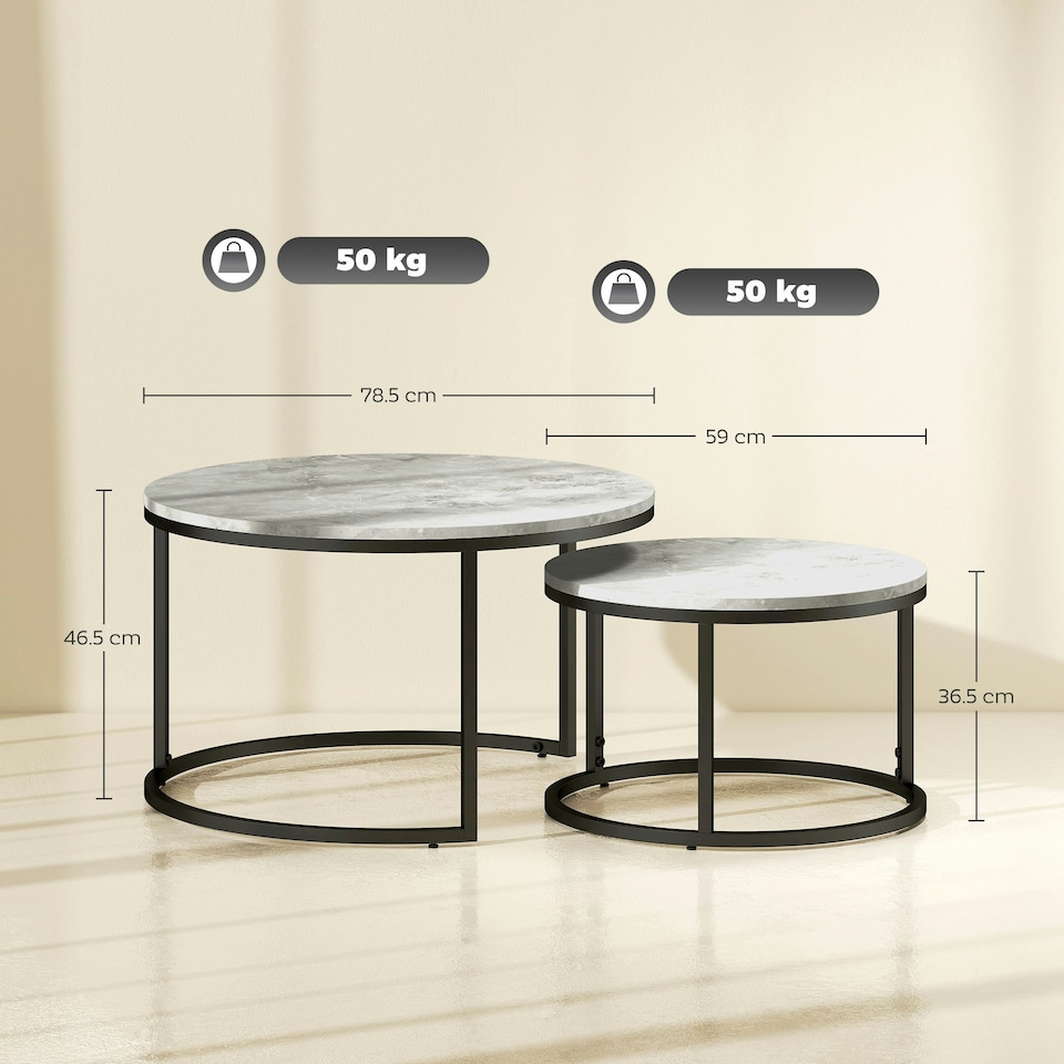 image 1 of HOMCOM 2 Pcs Stacking Coffee Table Set Steel Frame Marble-Effect Top Foot Pads | Grey | 78.5x78.5x46.5