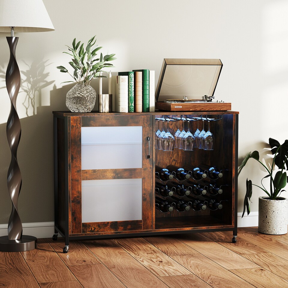 image 1 of COSTWAY Wine Bar Cabinet Liquor Buffet Sideboard with Wheels Brown