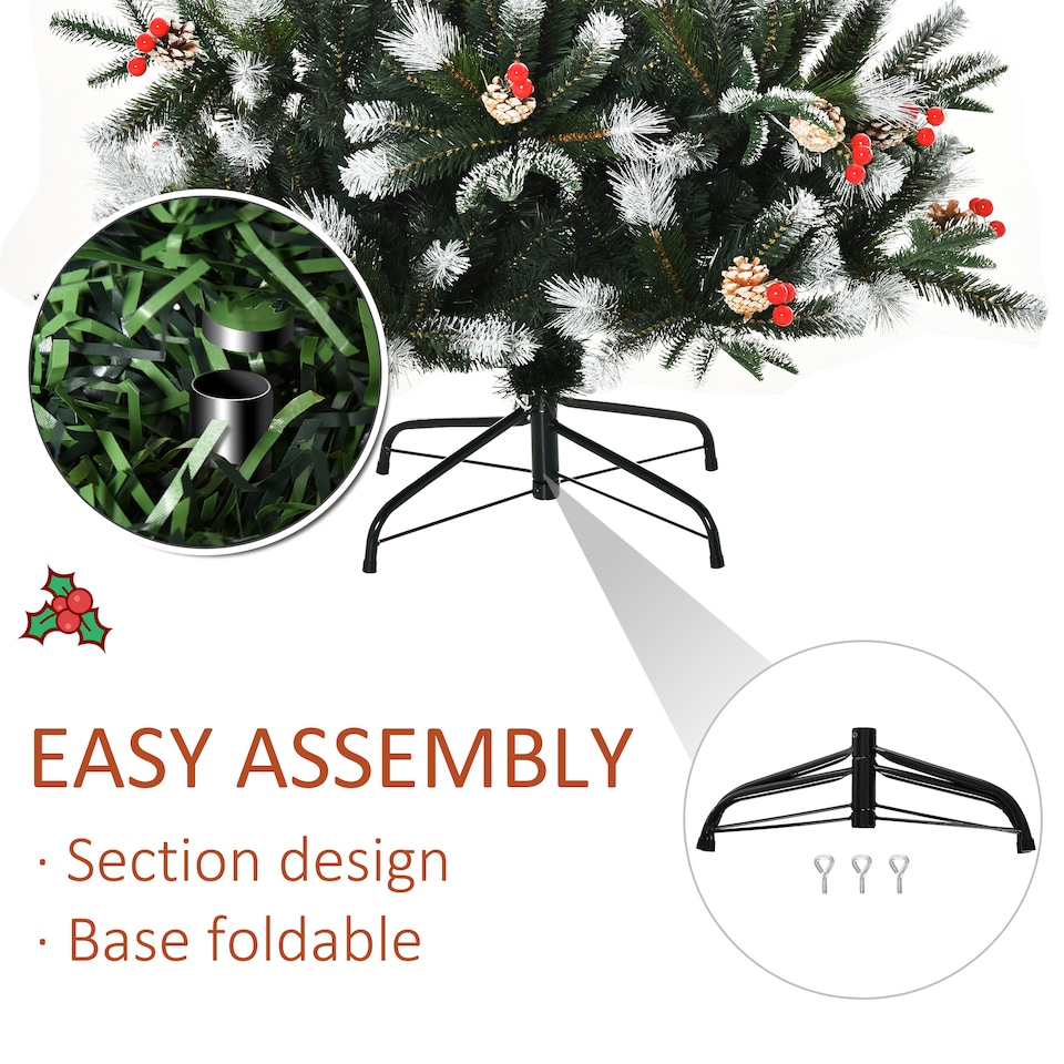 image 1 of HOMCOM 6FT Artificial Snow Dipped Christmas Tree mas Pencil Tree Holiday Home Party Decoration with Foldable Feet Red Berries White Pinecones, Green