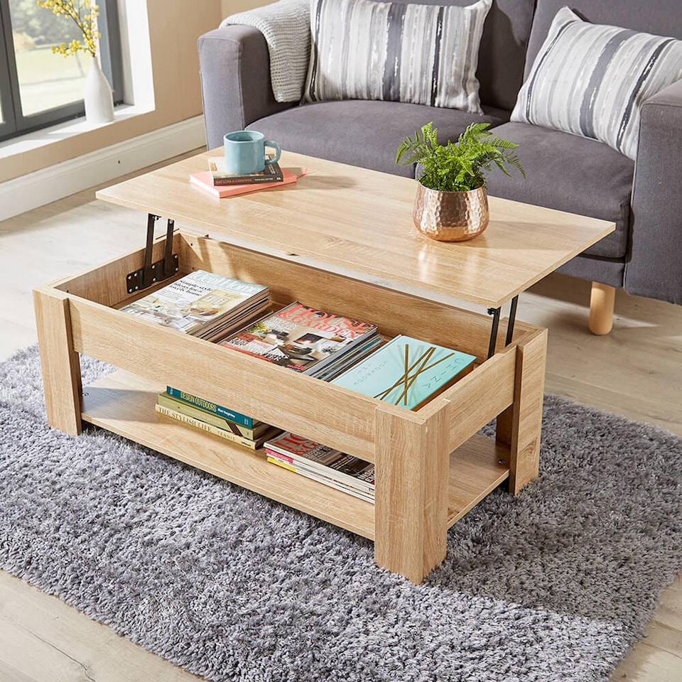 image 1 of Wooden Coffee Table With Lift Up Top Storage Area and Magazine Shelf | Brown
