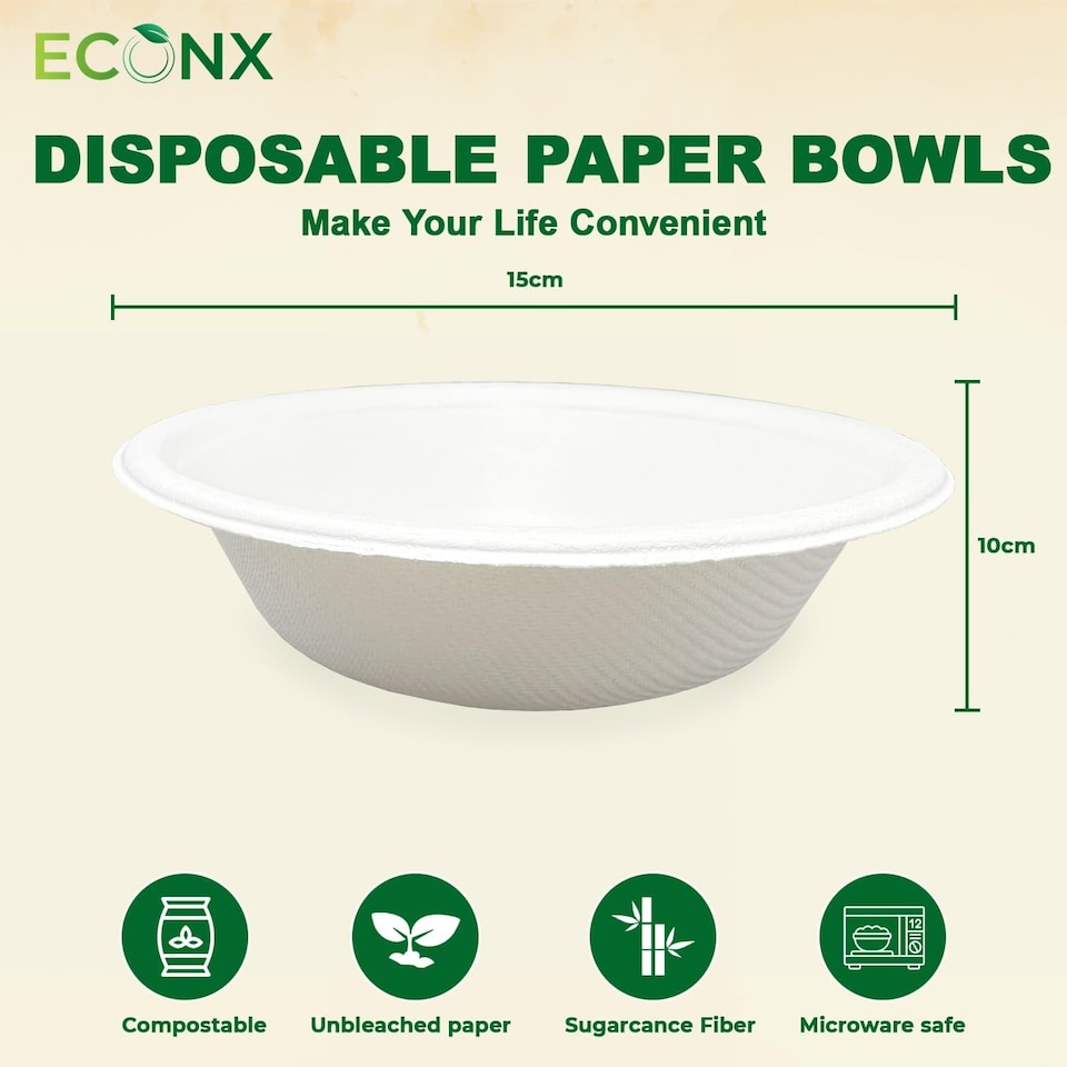image 1 of ECONX 50Pcs Biodegradable Bagasse Bowls 12oz White Sugarcane Disposable Bowl