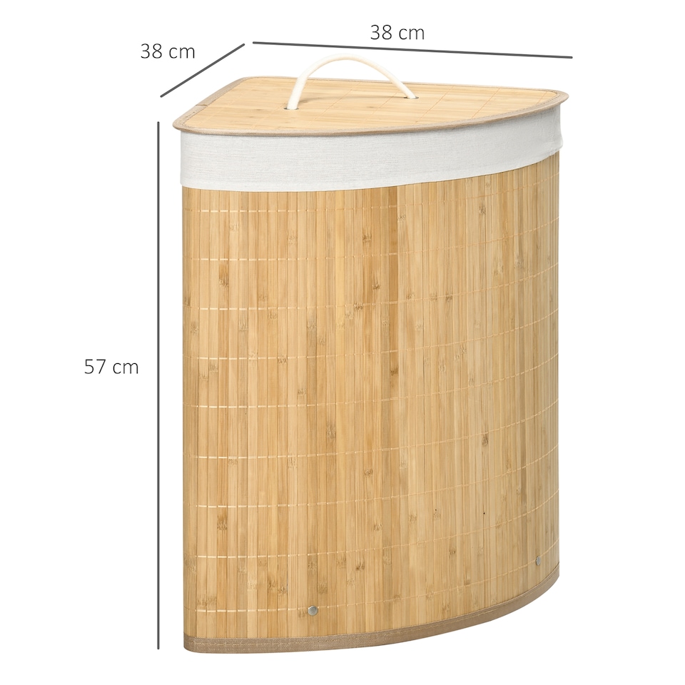 image 1 of HOMCOM Bamboo Laundry Basket with Lid, 55 Litres Laundry Hamper with Removable Washable Lining, Corner Washing Baskets, 38 x 38 x 57cm, Natural