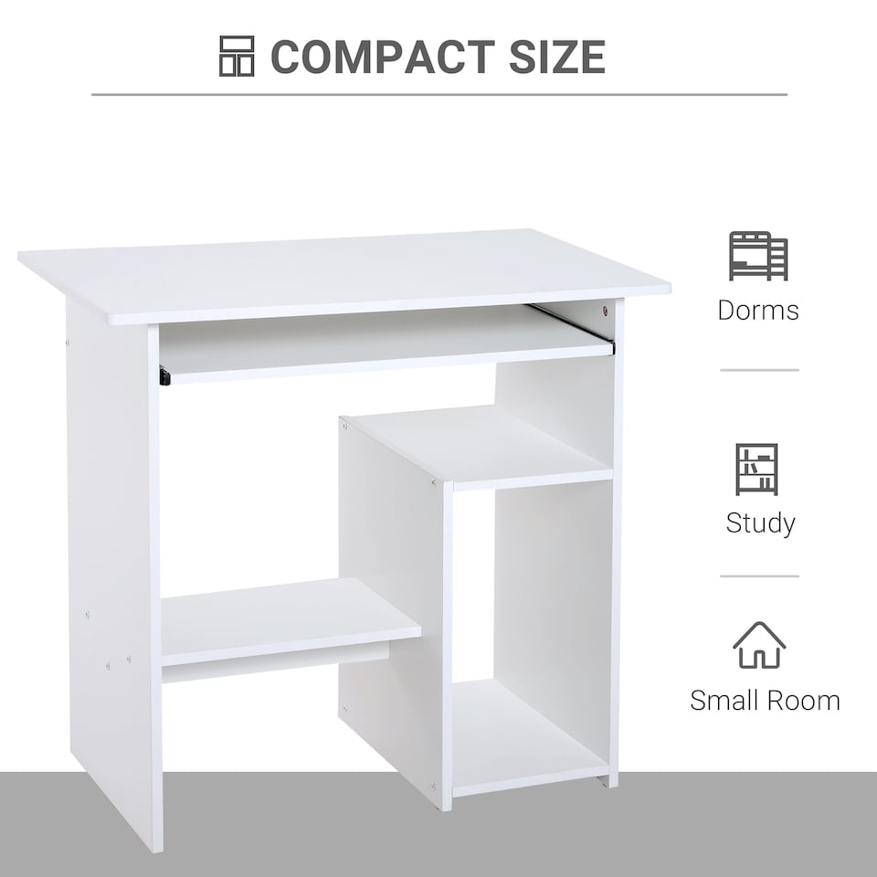 image 1 of HOMCOM Compact Small Computer Table Wooden Desk Keyboard Tray Storage Shelf Modern Corner Table Home Office White