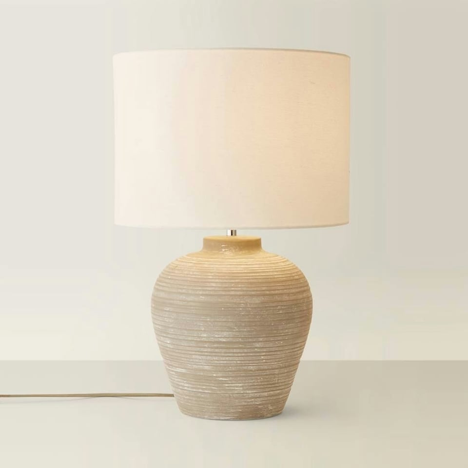 image 1 of ValueLights Reid Linen Drum Lamp Shade Stone Grey Ribbed Ceramic Large Table Lamp | Grey
