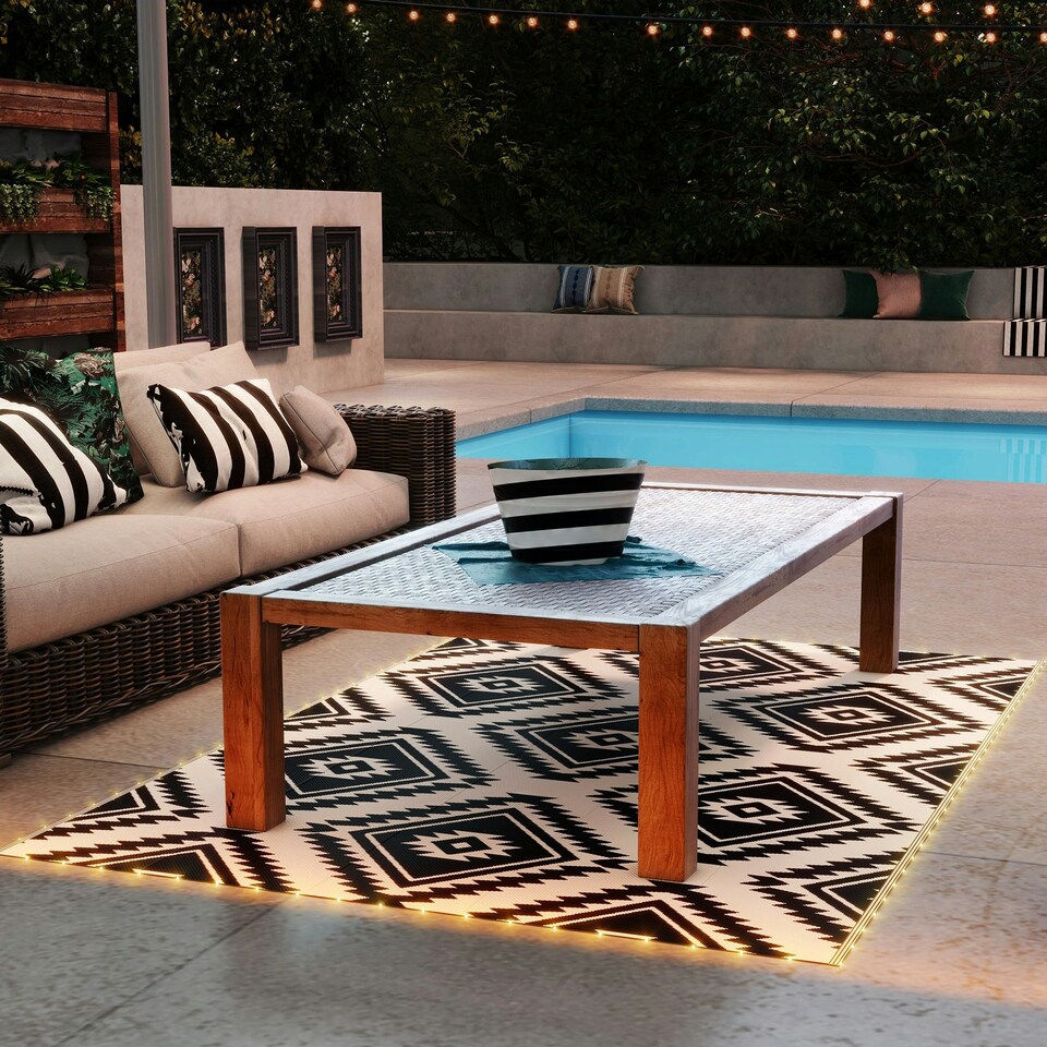 image 1 of Outsunny Waterproof Outdoor Rug W/ LED String Light, 182 x 274cm, Black & White Black | Black and Coffee