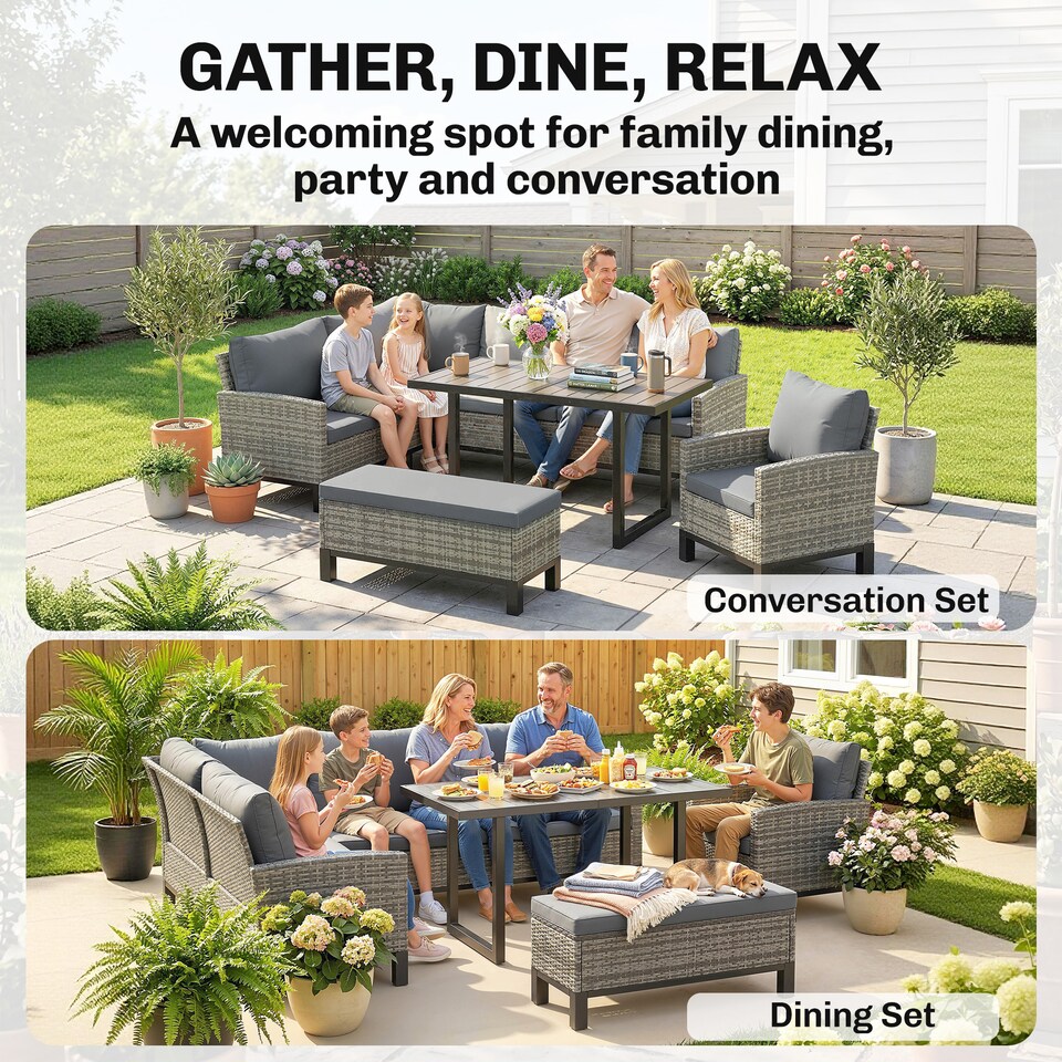 image 1 of Outsunny Rattan Garden Furniture Sofa Set, Outdoor Dining Set for 9, Grey | Grey | Dark Grey | 171 x 67 x 77 cm