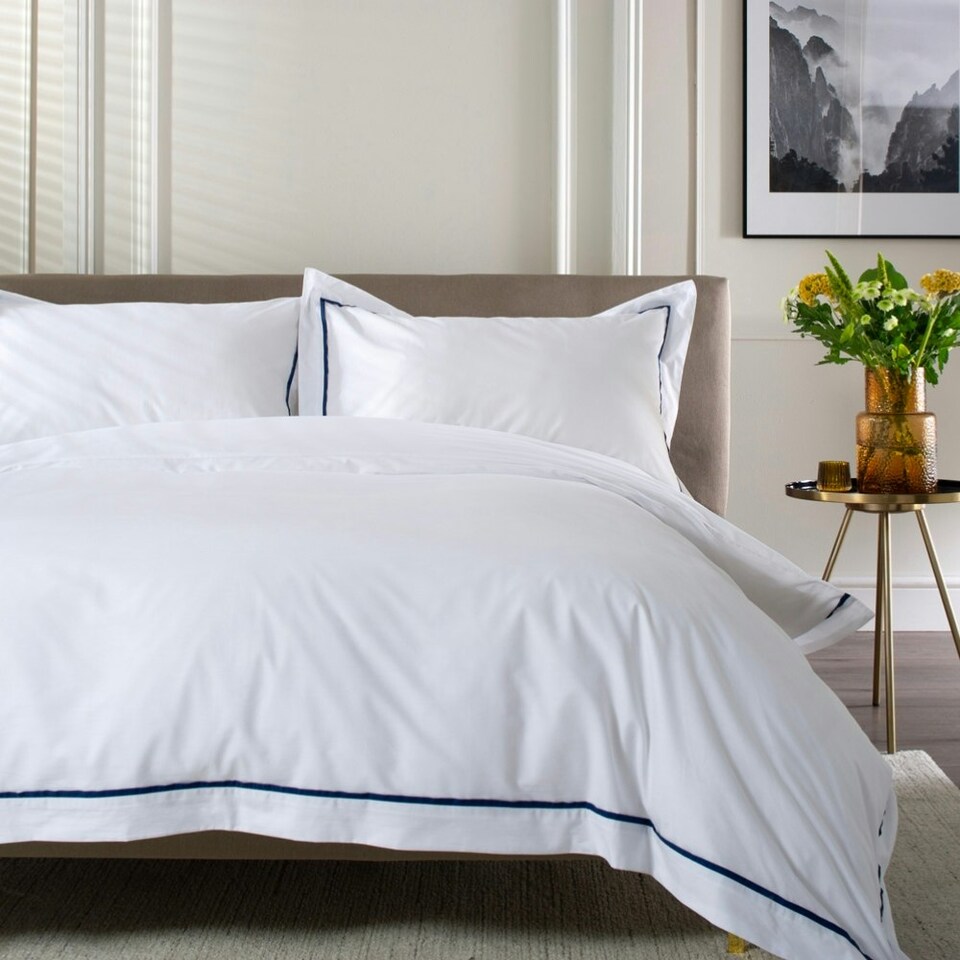 image 1 of Hampstead 100% Cotton Duvet Cover Set – 200 Thread Count with Inserted Ribbon & Oxford Pillowcases Blue | White | Super King