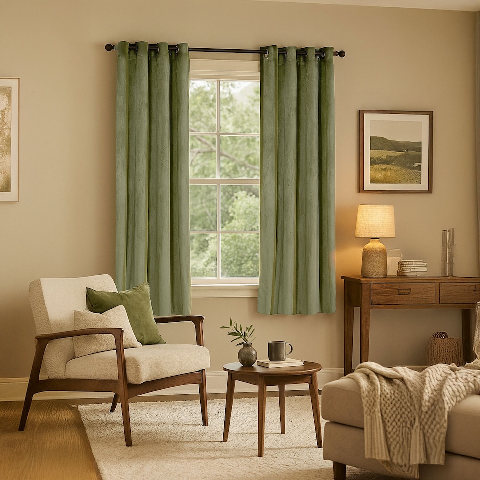 image 1 of Olive Green Velvet Blackout Eyelet Curtains - 46x63 Inch Drop - Pair | Green | One Size