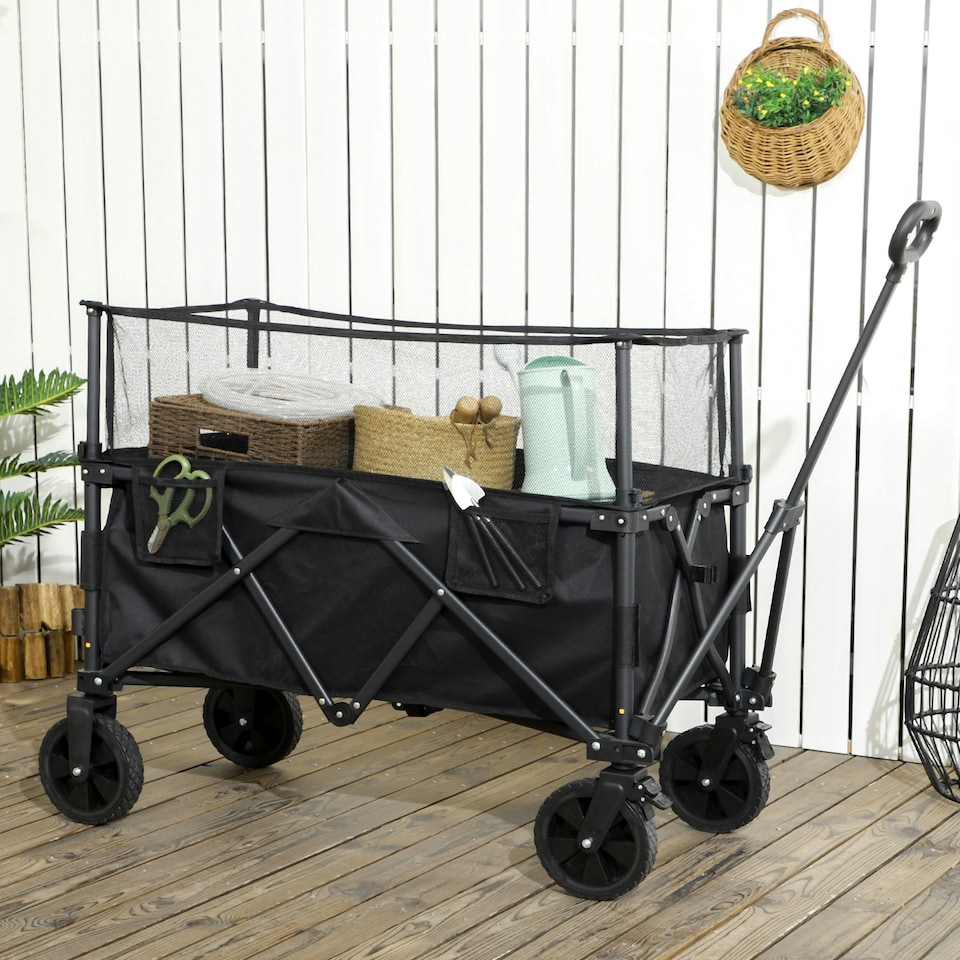 image 1 of Outsunny 180L Folding Garden Trolley Wagon Cart w/ Extendable Side Walls, Black