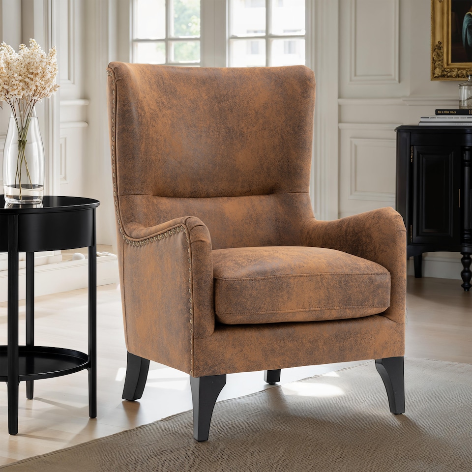 image 1 of Faux Leather Suede Brown Segovia Accent Wingback Chair