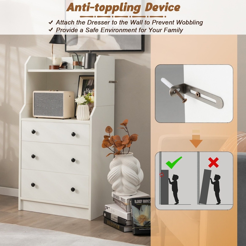 image 1 of COSTWAY 3 Drawer Dresser Utility Storage Organizer Modern Chest of Drawers with Shelves