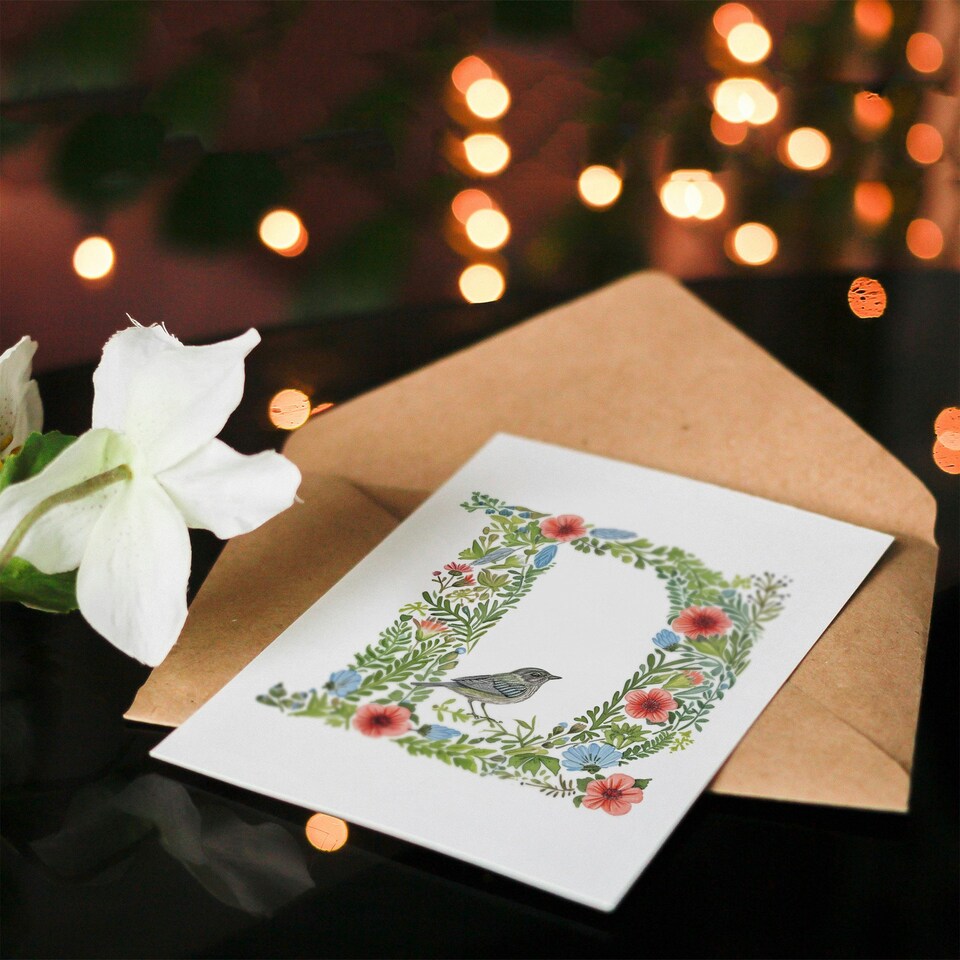 image 1 of Letter D Flowers with Bird Garden Floral Alphabet Birthday Card