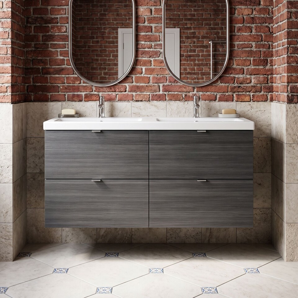 image 1 of Balterley Alrewas Contemporary 4 Drawer Wall Hung Vanity Unit with Basin, Anthracite Woodgrain, 1200mm