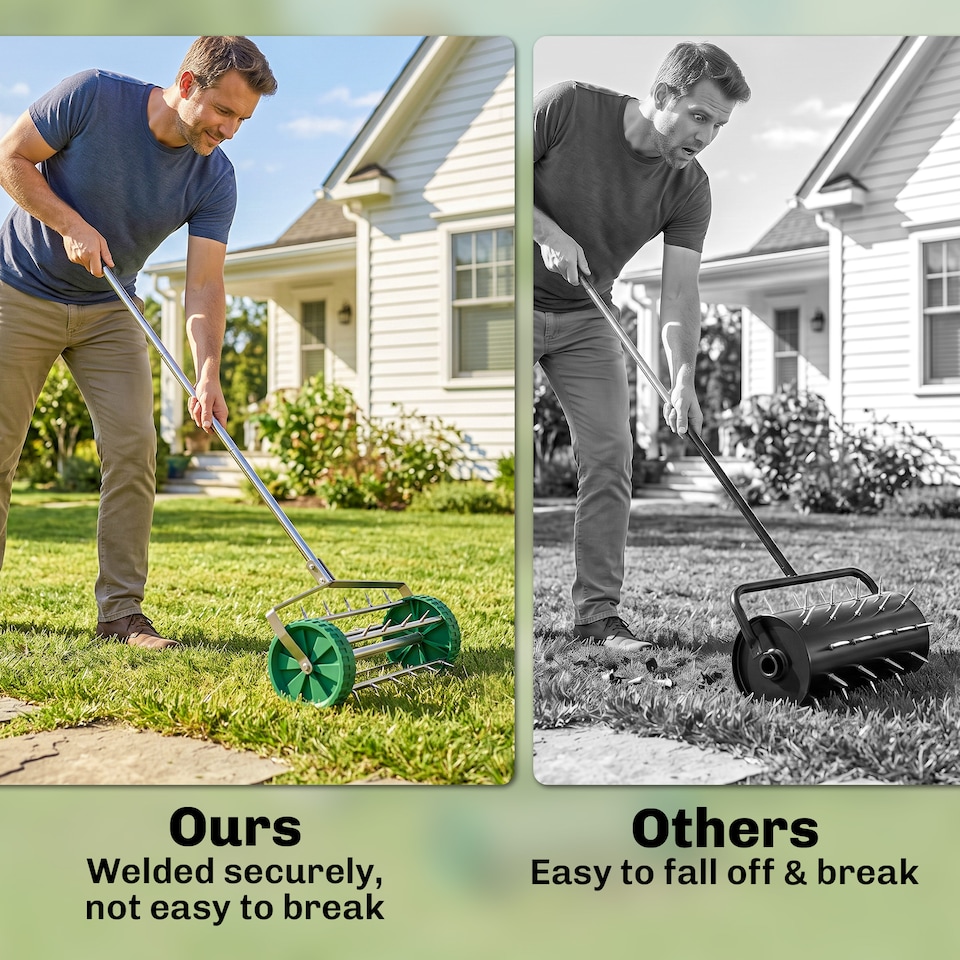 image 1 of Outsunny Lawn Aerator Outdoor Grass Care Heavy Duty Garden Roller Manual Handle | Green | Green