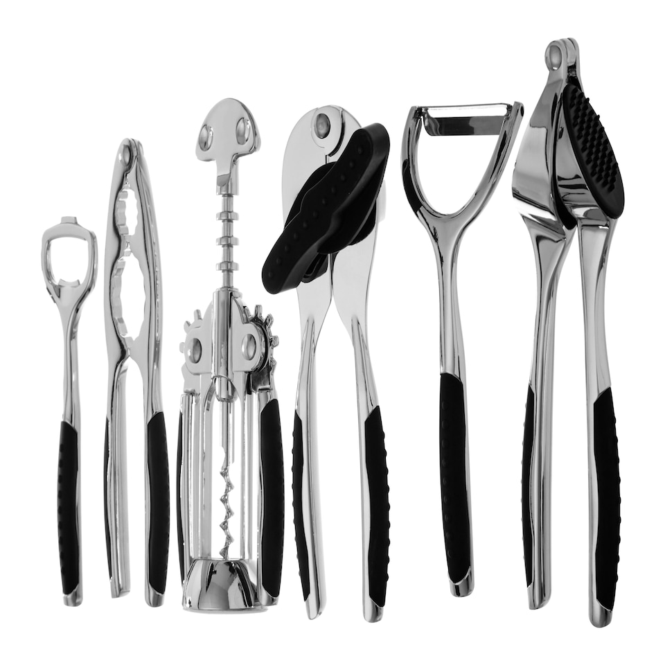 image 1 of Interiors By Premier Chrome Kitchen Tool Set with Natural Wood Stand,7-Piece Essential Gadgets For Food Prep,Unique Utensil Set