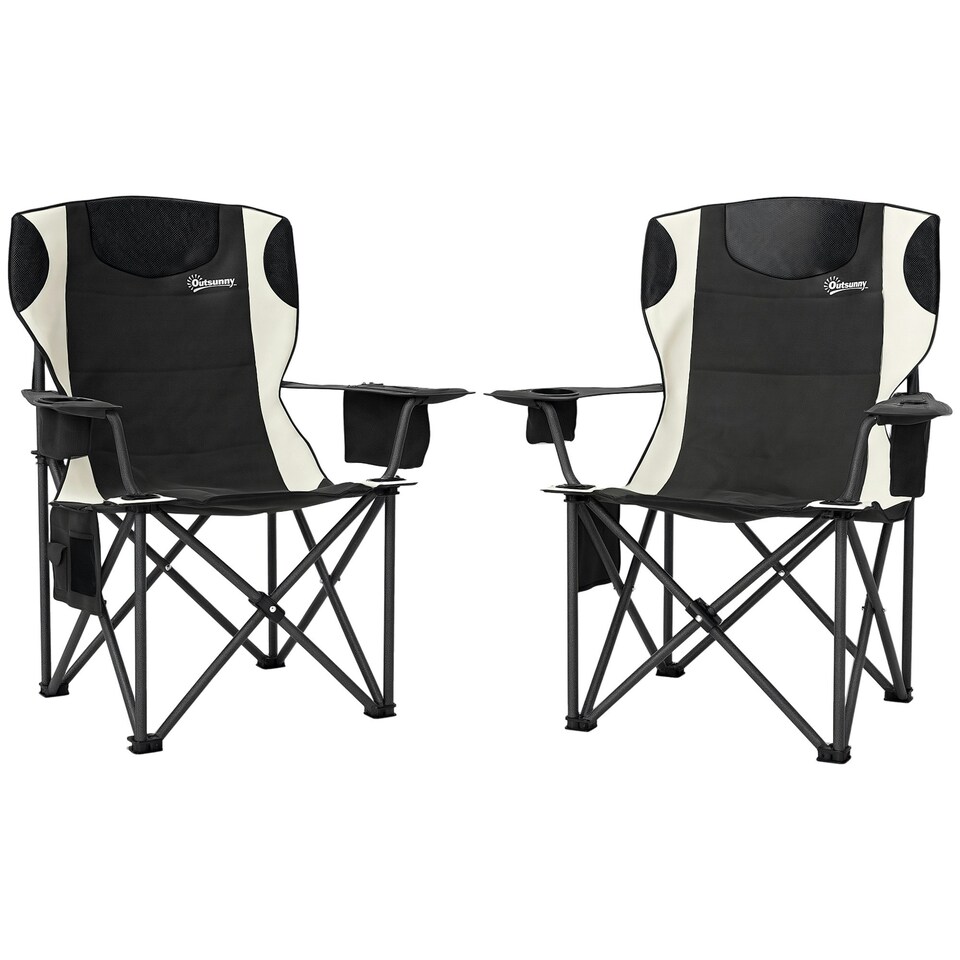 image 1 of Outsunny Set of 2 Padded Folding Picnic Chairs with Cooler Bag Black | Black