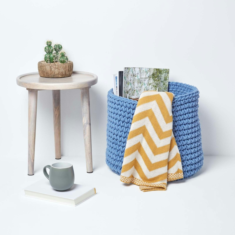 image 1 of Homescapes Blue Cotton Knitted Round Storage Basket - 42 x 37cm | Blue | L